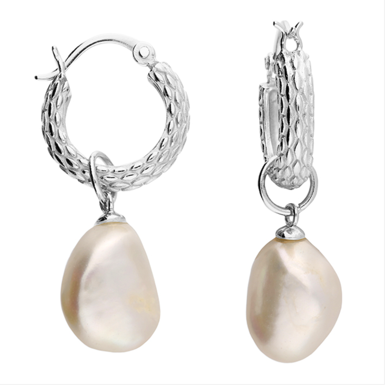 Silver hoop earrings with pearl drops on a white background