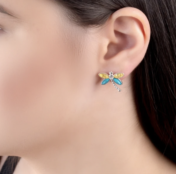 Turquoise and Amber Dragonfly Earrings on ear