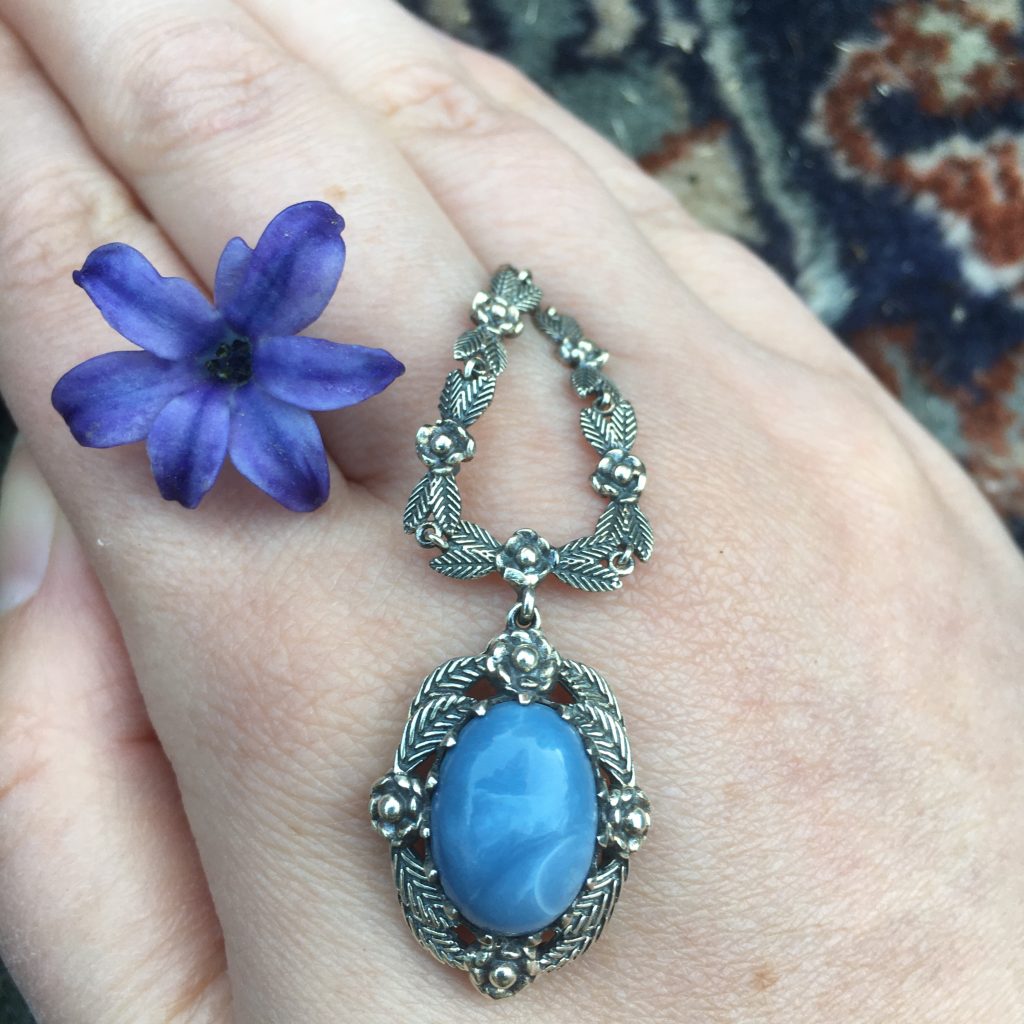 Blue Opal Necklace with a purple flower