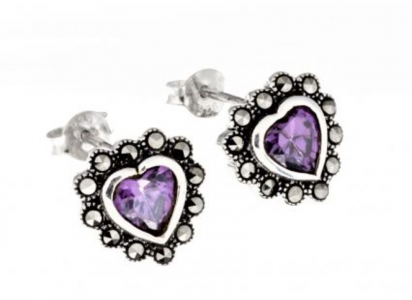 marcasite purple heart stud earrings