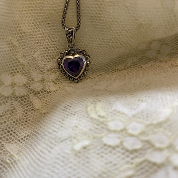 marcasite purple heart pendant on lace
