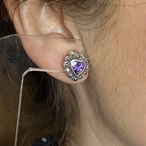 marcasite purple heart stud earrings on ear LJ