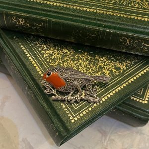 Robin Marcasite and Enamel broochinside with books close