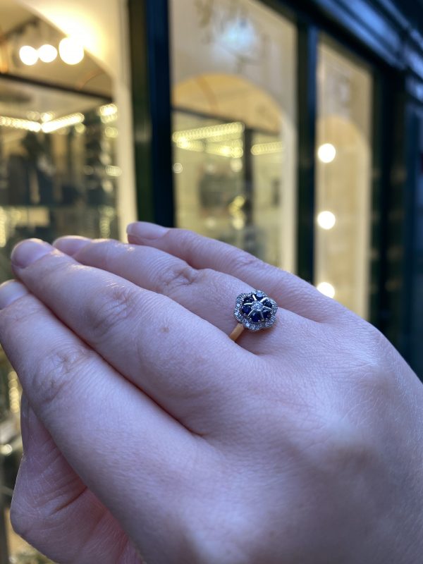 Sapphire and diamond Flower Ring on LJ outside close