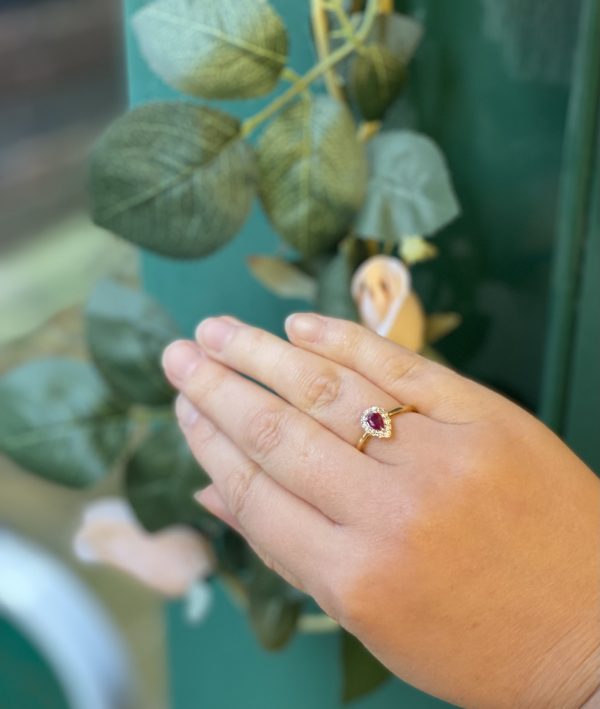 ruby and diamond pear cluster ring on LJ portrait