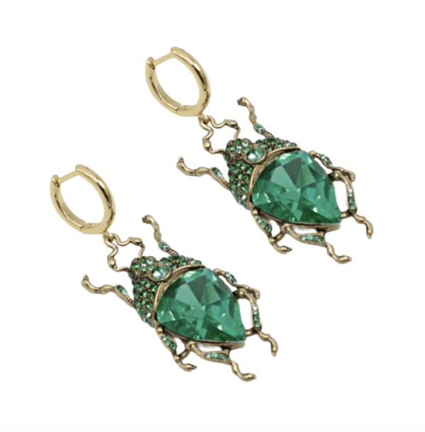 vintage green bug earrings close